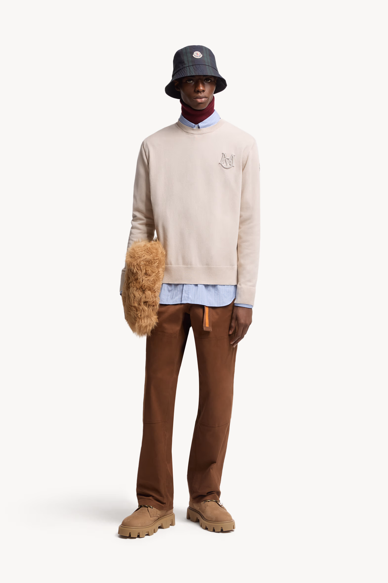 Embroidered Monogram Cotton Sweater Men Light Beige Moncler 0